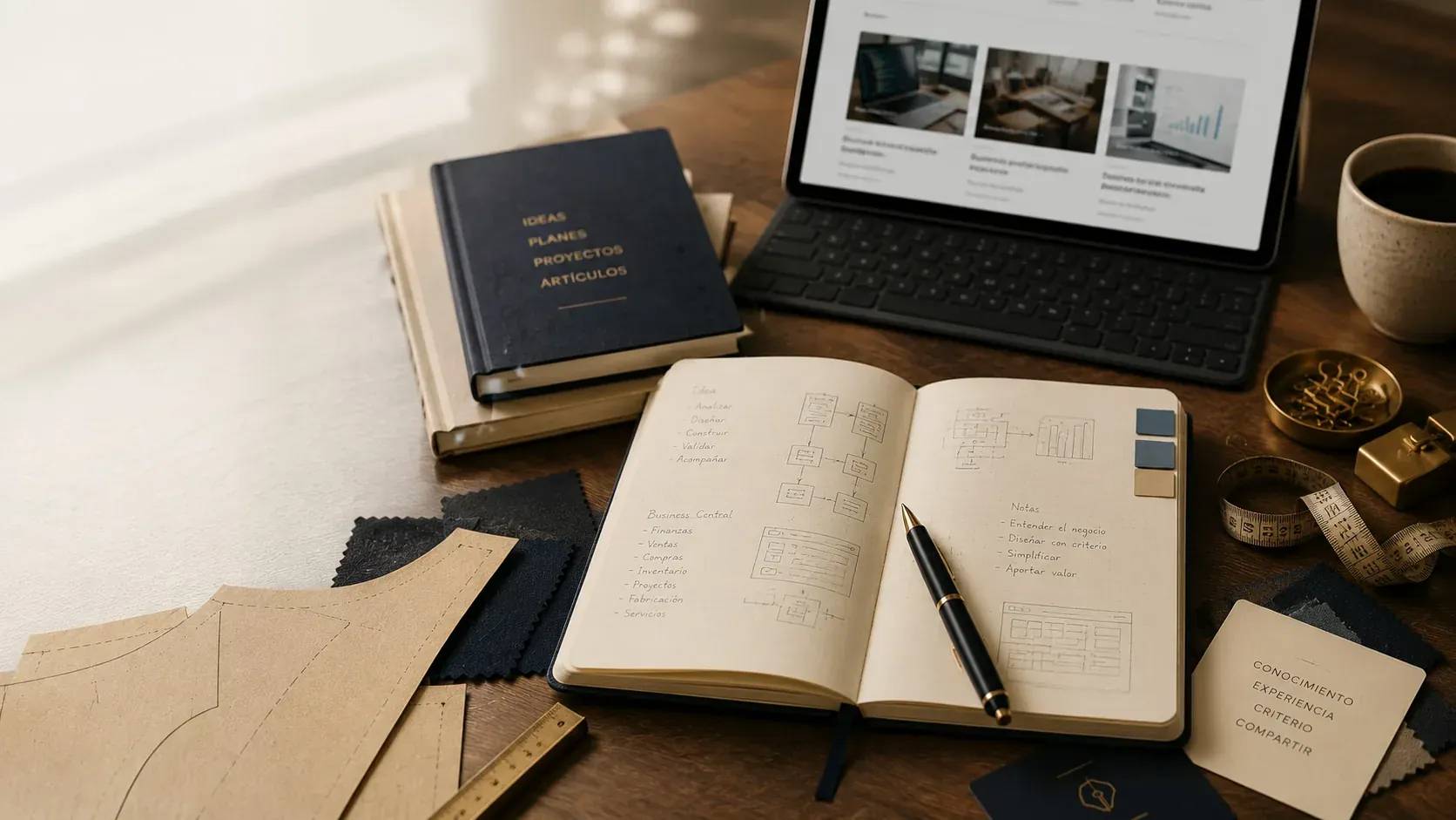 Cuaderno de trabajo con notas técnicas y artículos sobre Business Central en una mesa editorial cálida