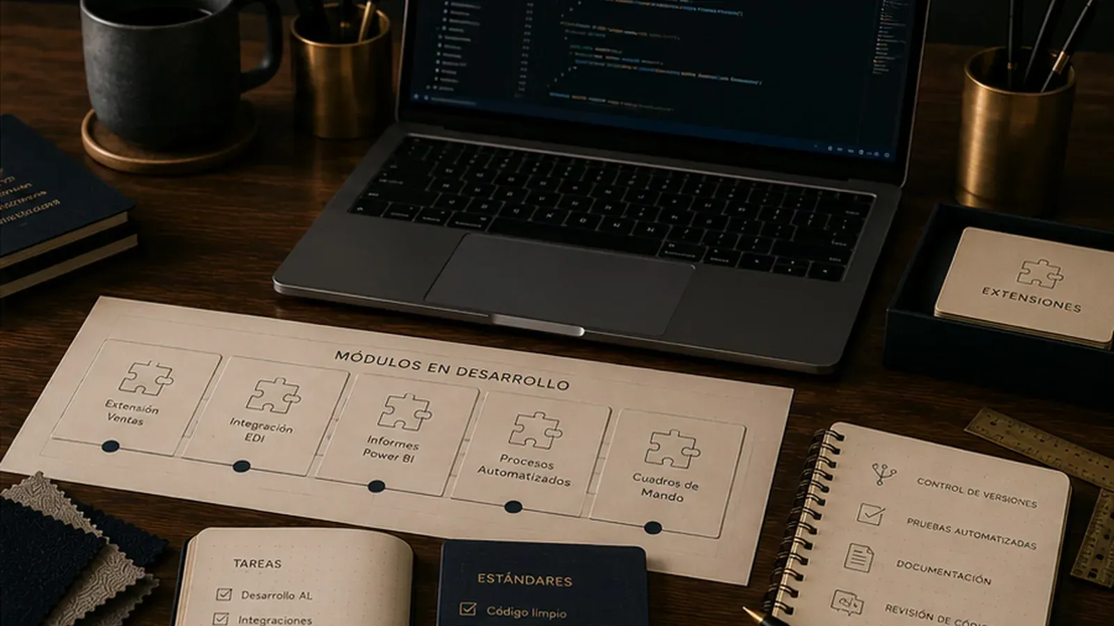 Desarrollo de una solución Business Central con portátil, módulos técnicos y plan de trabajo sobre una mesa