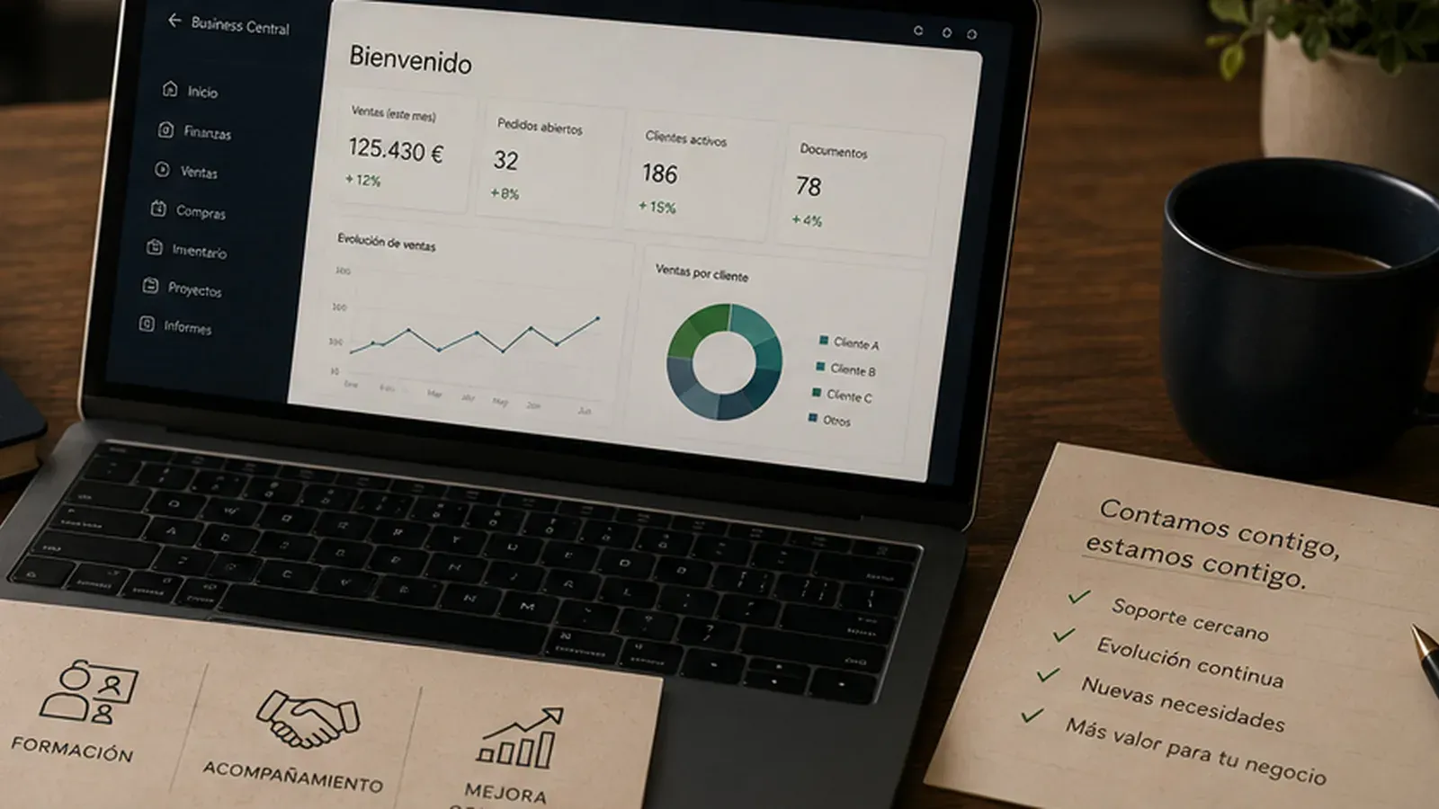 Entrega y puesta en marcha de una solución Business Central con portátil, documentación y mesa de trabajo ordenada