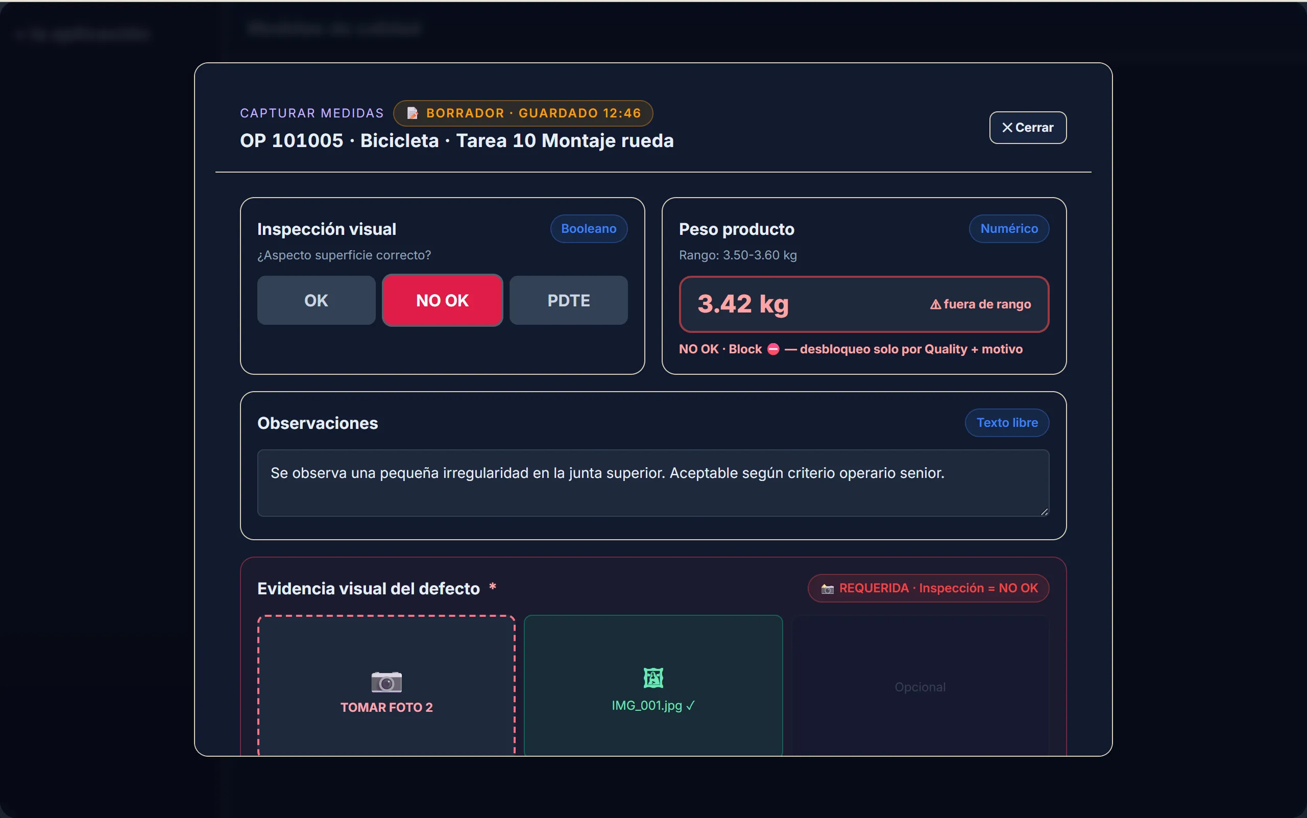 FactorIA — captura de medidas de calidad en la orden
