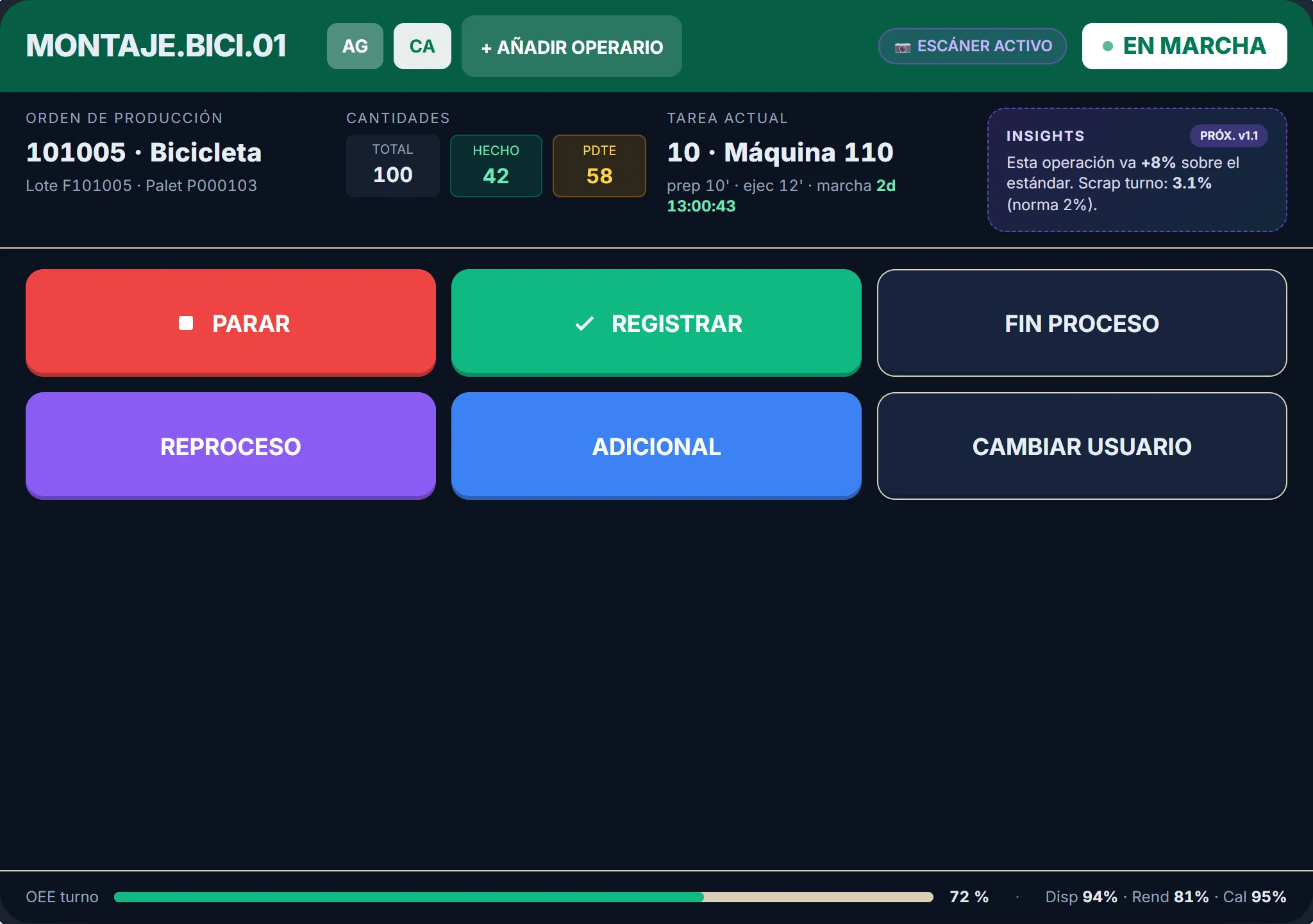 FactorIA — tablet de operario en planta, orden en marcha