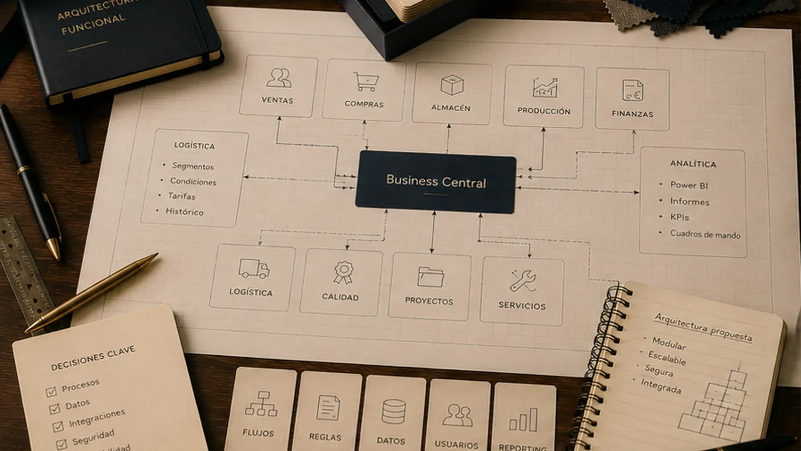 Diseño funcional de una solución Business Central con plano de arquitectura y módulos sobre una mesa de trabajo