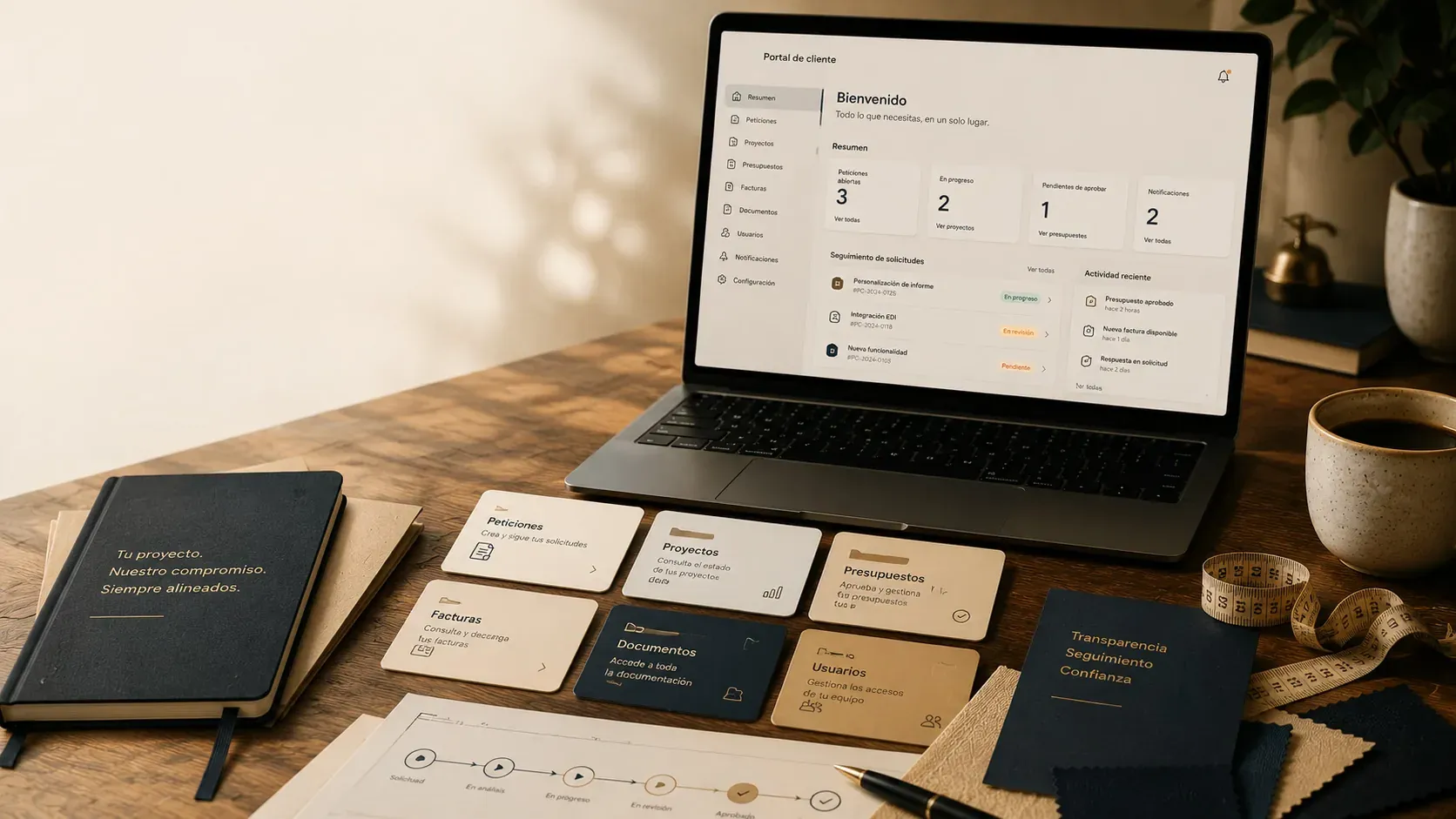Portal de cliente con solicitudes, estados, presupuestos, facturas y documentos organizados en una mesa de trabajo